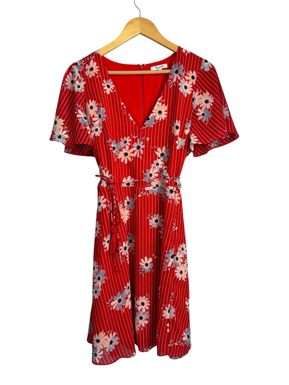 Madewell red floral chiffon Daisy Society side button Tie-Waist mini dress Sz 8.